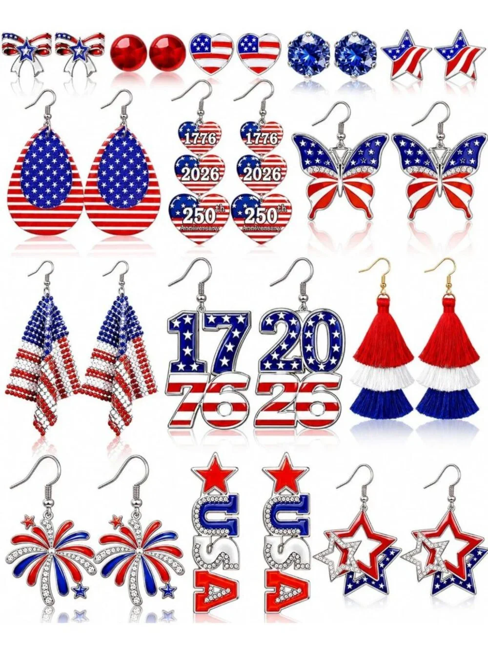 14 Pairs Patriotic Earrings Set for Women - Red White Blue Stars Hearts Jewelry